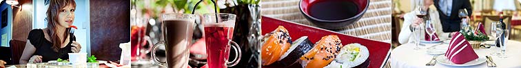 Restaurantes y mesas con men�s preparadas para comer, cocteles, shushi