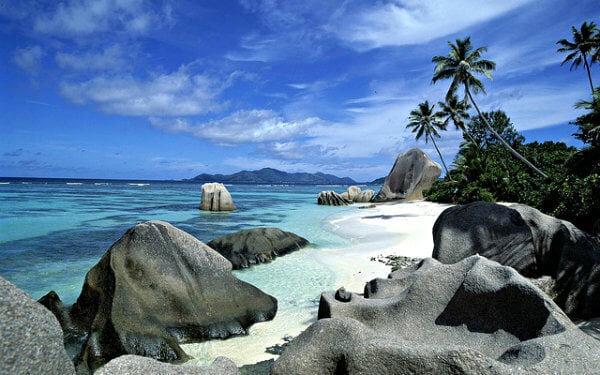 playa con palmeras y rocas en Seychelles