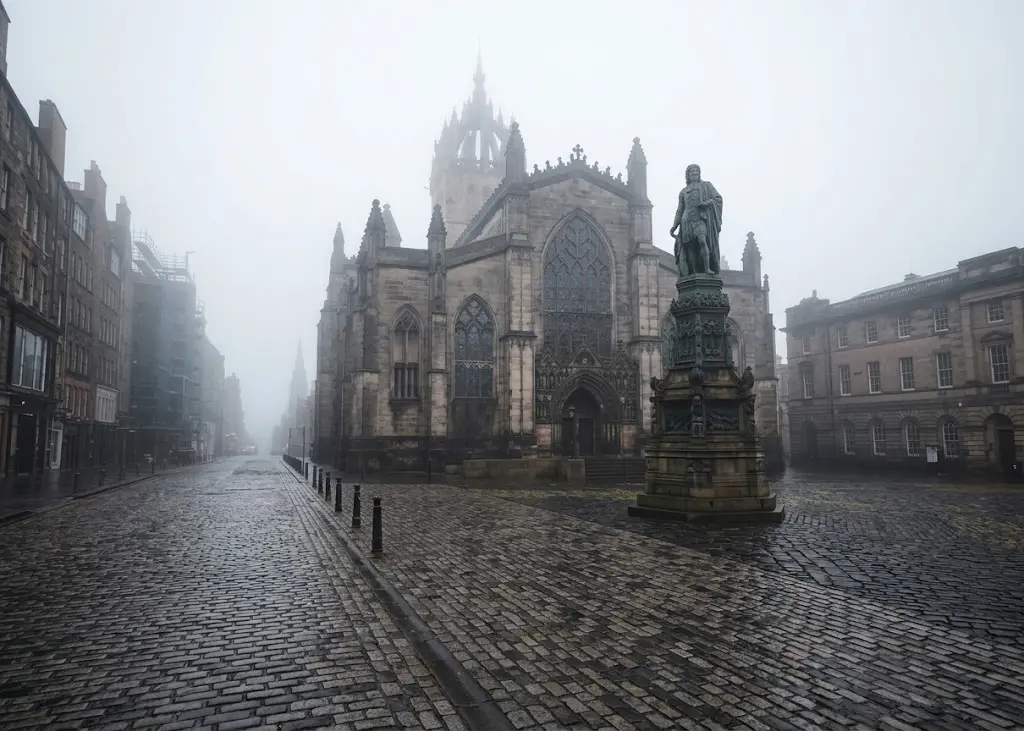 Catedral de St Giles en Edimburgo con su chapitel en forma de corona en la mañana brumosa