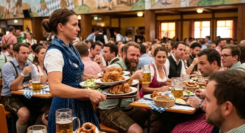 Camarera de Oktoberfest sirviendo pollo asado tradicional a los comensales