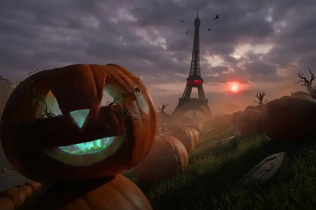 Calabaza anaranjada con la Torre Eiffel iluminada de fondo en París