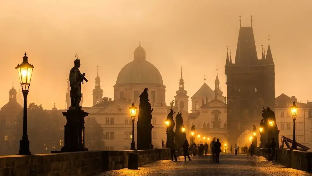 Puente de Carlos en Praga iluminado al anochecer con estatuas a lo largo del puente