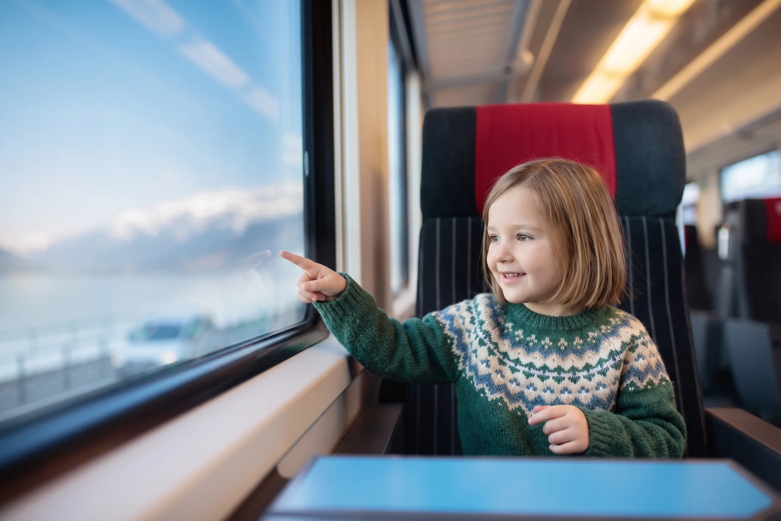 Familia viajando en tren con niños